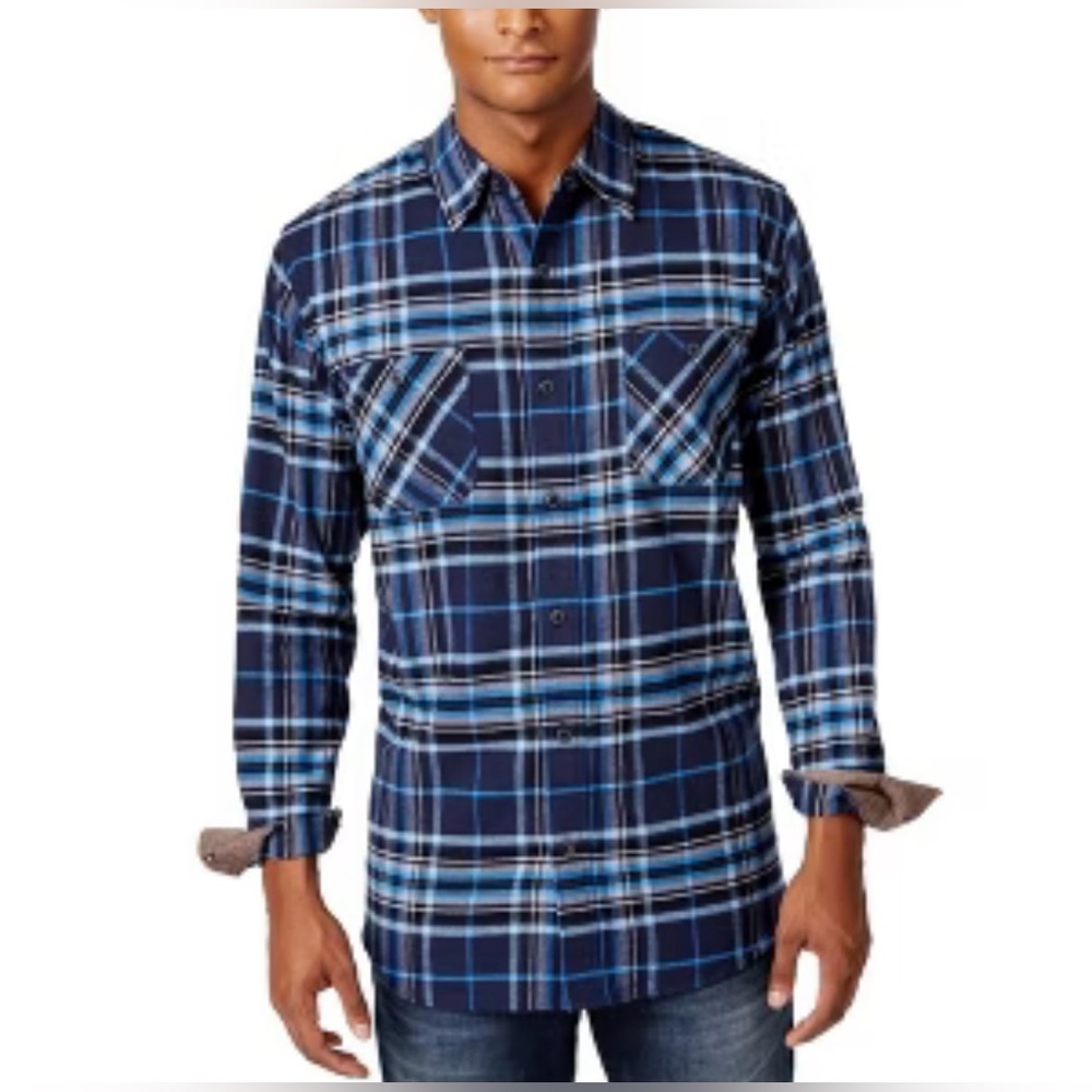 Weatherproof Navy and Light Blue Plaid Flannel Shirt